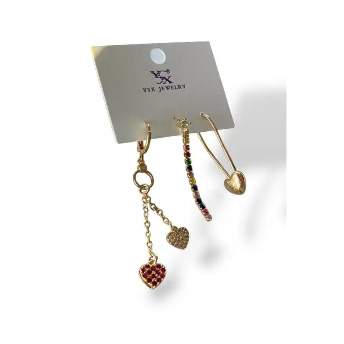 Altın Renk Kalp Figürlü Taş Detaylı VİP 3lü YSX Küpe Set