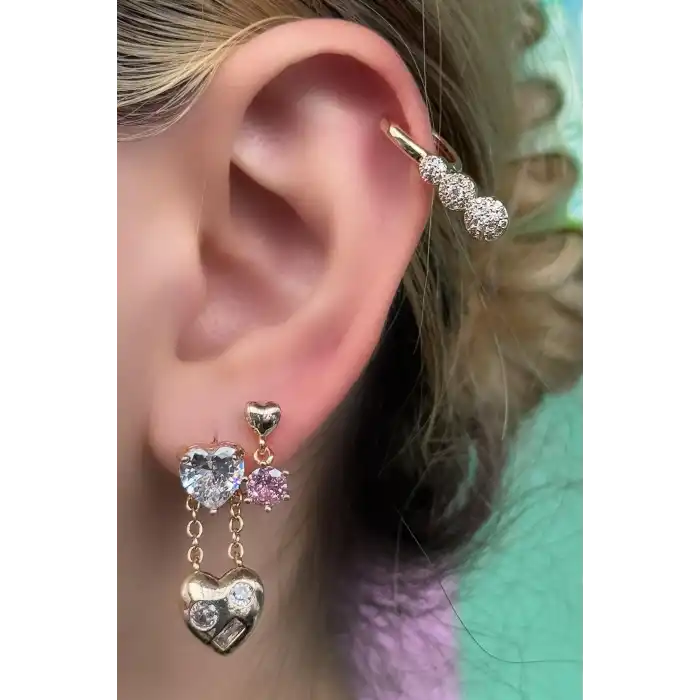 Altın Renk Kalp Figürlü Taş Detaylı VİP 3lü YSX Küpe Set