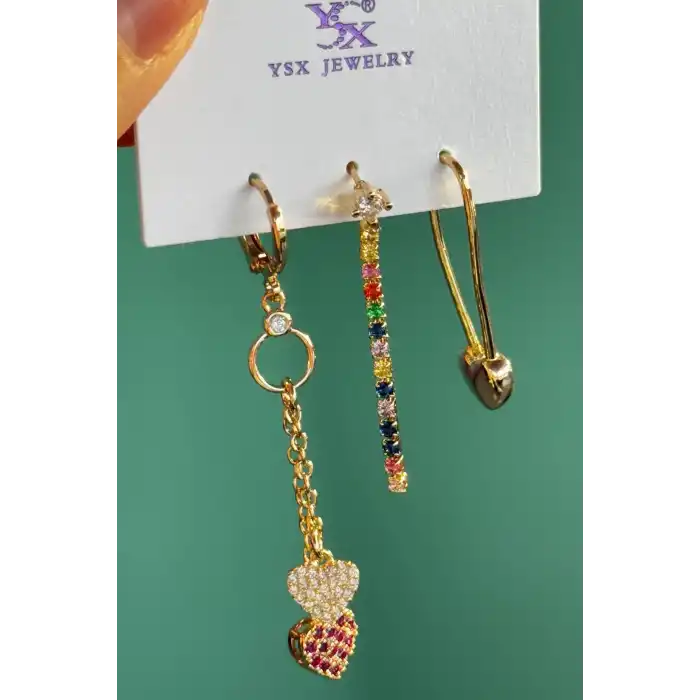 Altın Renk Kalp Figürlü Taş Detaylı VİP 3lü YSX Küpe Set