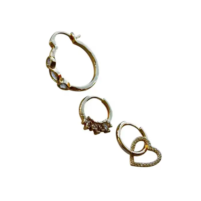 Altın Renk Kalp Figürlü Taş Detaylı VİP 3lü YSX Küpe Set