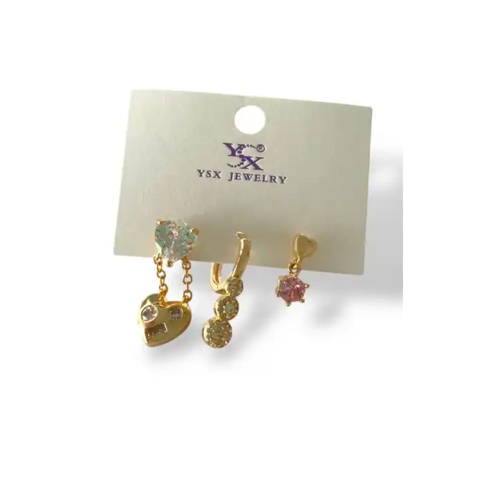 Altın Renk Kalp Figürlü Taş Detaylı VİP 3lü YSX Küpe Set