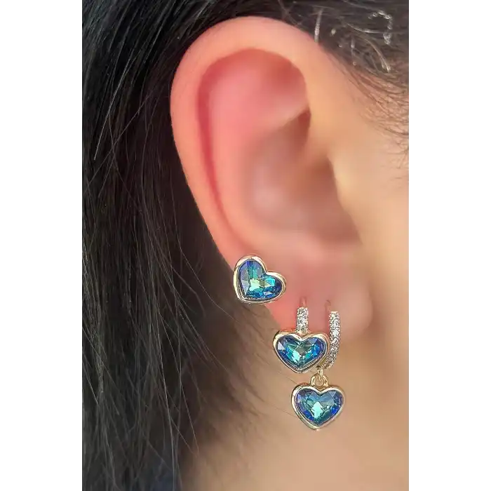 Altın Renk Kalp Figürlü Taş Detaylı VİP YSX Küpe Set