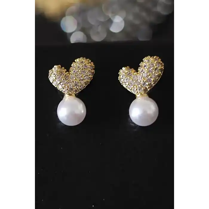 Altın Renk Kalp Figürlü Taş Ve İnci Detaylı 14K Altın Kaplama Küpe (Çift)