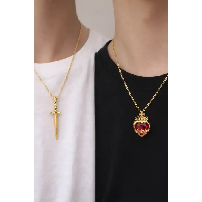 Altın Renk Kalp Ve Kılıç Figürlü Çelik Çift Kolyesi