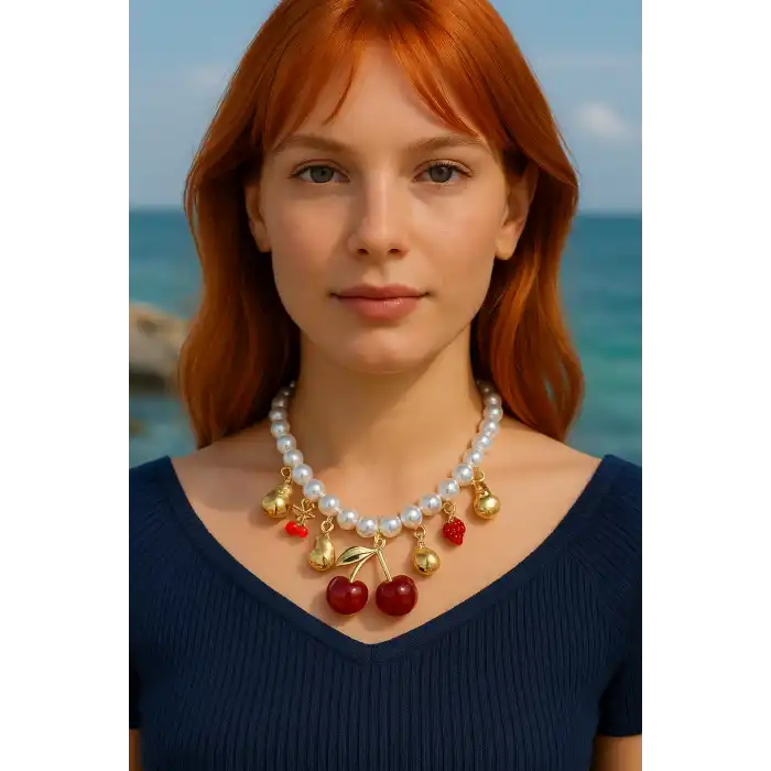 Altın Renk Karışık Figürlü İnci Detaylı Tasarım Kolye