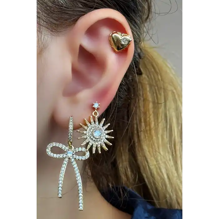 Altın Renk Karışık Figürlü Taş Detaylı 3lü YSX Küpe Set