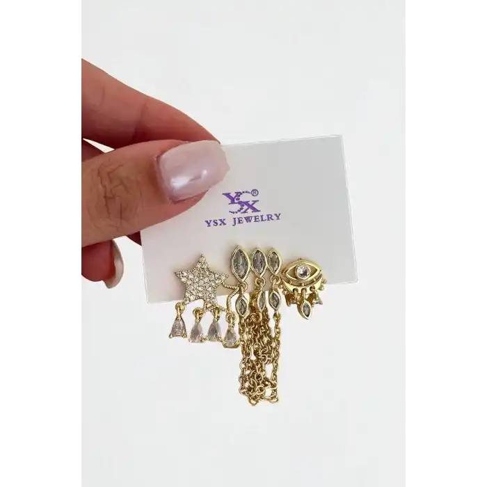 Altın Renk Karışık Figürlü Taş Detaylı 3lü YSX Küpe Set