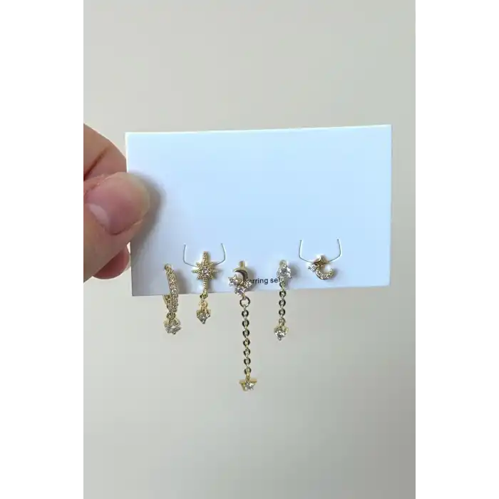 Altın Renk Karışık Figürlü Taş Detaylı 5li Küpe Set