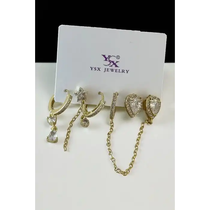 Altın Renk Karışık Figürlü Taş Detaylı 6lı YSX Küpe Set