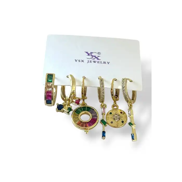 Altın Renk Karışık Figürlü Taş Detaylı 6lı YSX Küpe Set