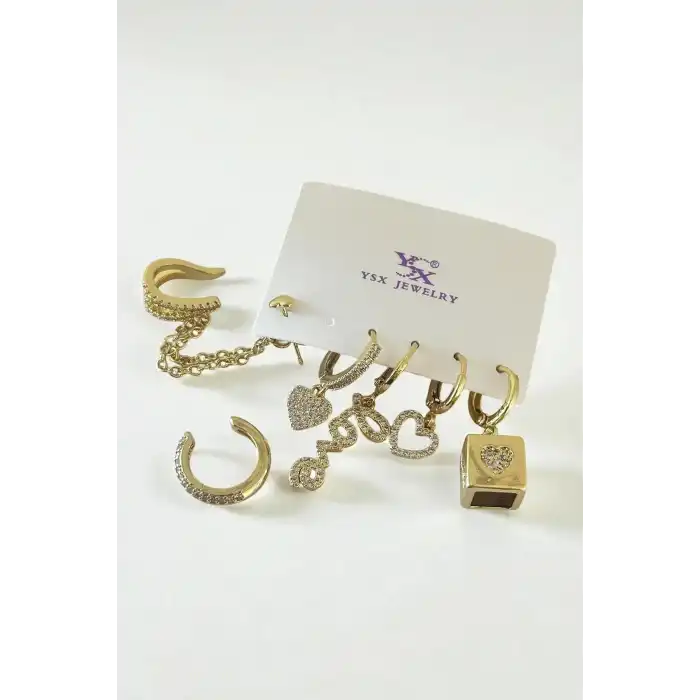 Altın Renk Karışık Figürlü Taş Detaylı 6lı YSX Küpe Set