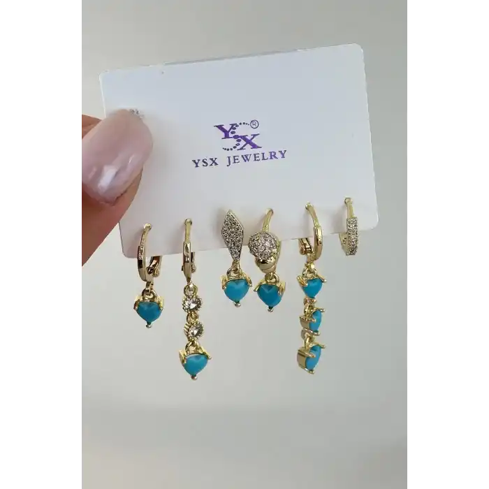Altın Renk Karışık Figürlü Taş Detaylı 6lı YSX Küpe Set