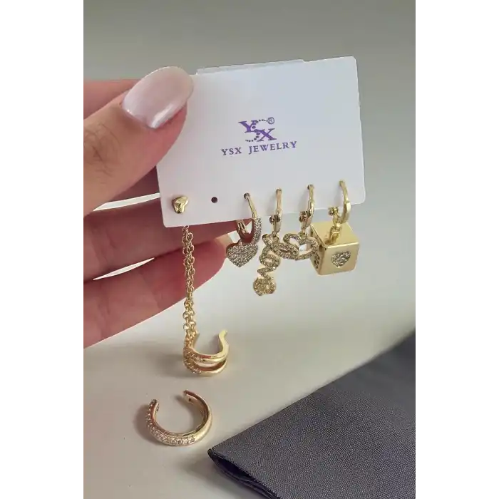 Altın Renk Karışık Figürlü Taş Detaylı 6lı YSX Küpe Set