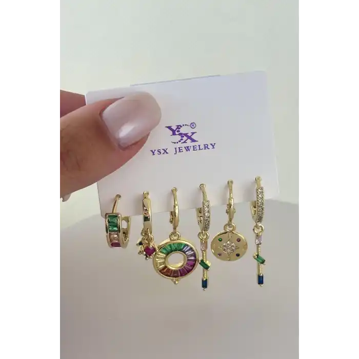 Altın Renk Karışık Figürlü Taş Detaylı 6lı YSX Küpe Set