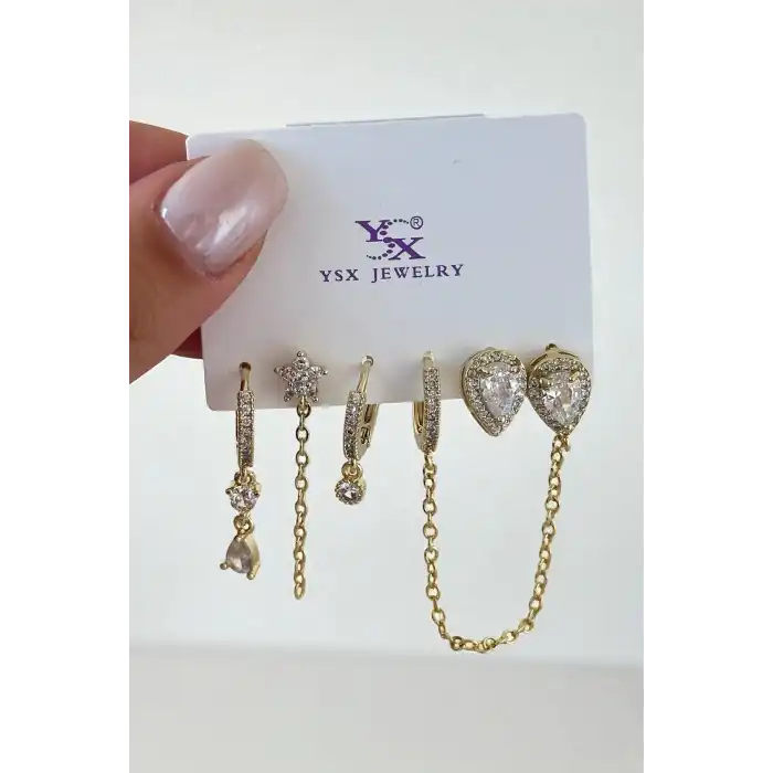 Altın Renk Karışık Figürlü Taş Detaylı 6lı YSX Küpe Set