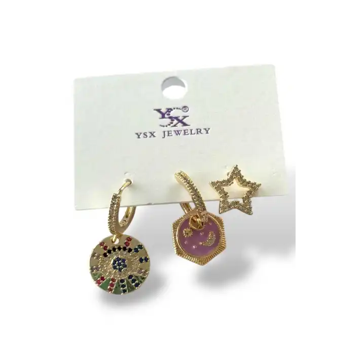 Altın Renk Karışık Figürlü Taş Detaylı VİP 3lü YSX Küpe Set