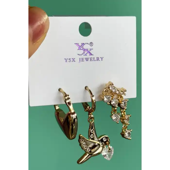 Altın Renk Karışık Figürlü Taş Detaylı  VİP 3lü YSX Küpe Set