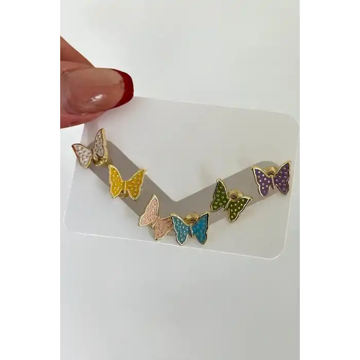 Altın Renk Kelebek Figürlü 6lı Küpe Set