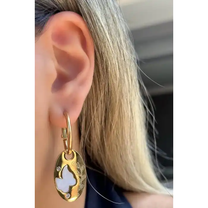 Altın Renk Kelebek Figürlü Çelik Halka Küpe (Çift)