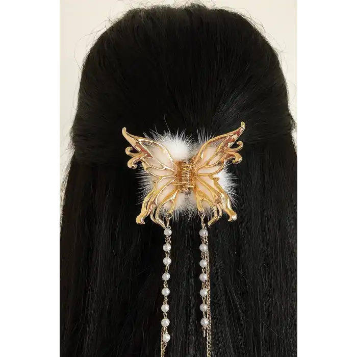 Altın Renk Kelebek Figürlü İnci Detaylı Sallantılı Metal Mandal Toka