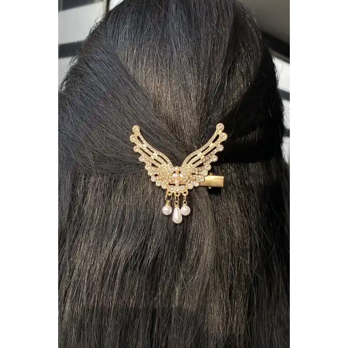 Altın Renk Kelebek Figürlü İnci Detaylı Yan Toka