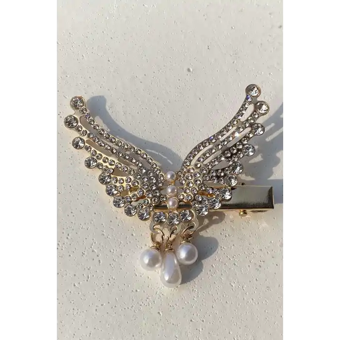 Altın Renk Kelebek Figürlü İnci Detaylı Yan Toka