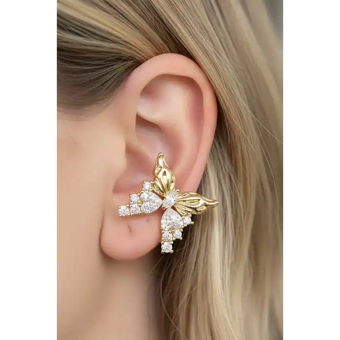 Altın Renk Kelebek Figürlü Taş Detaylı 14K Altın Kaplama TX Ear Cuff (Tek)
