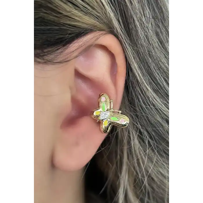 Altın Renk Kelebek Figürlü Taş Detaylı 14K Altın Kaplama TX Ear Cuff (Tek)