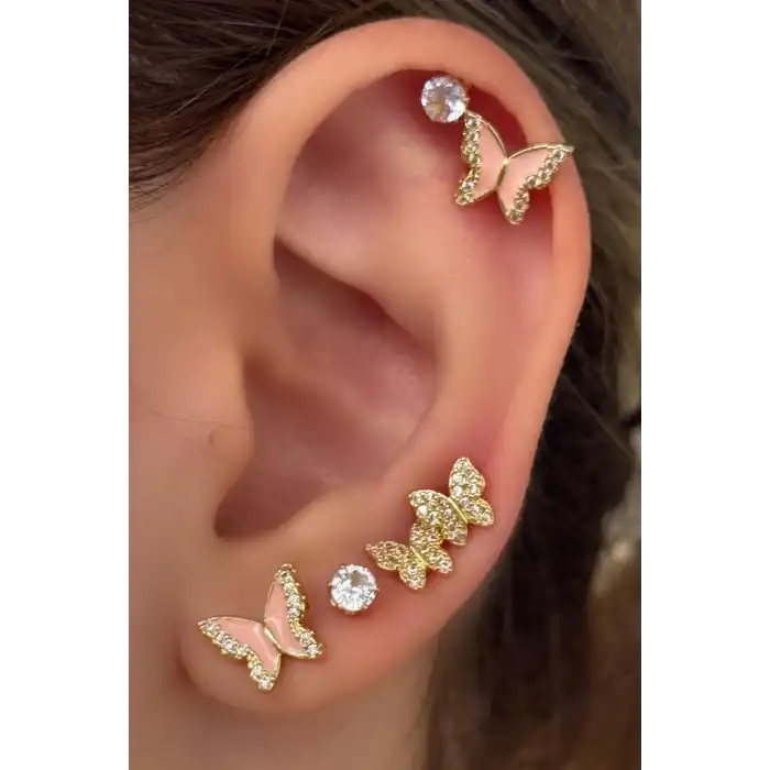 Altın Renk Kelebek Figürlü Taş Detaylı 6lı Küpe Set