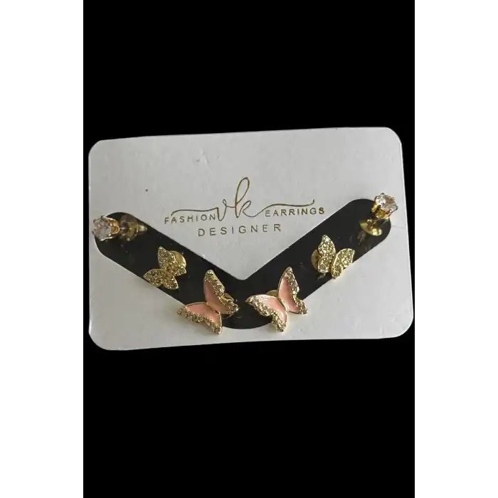 Altın Renk Kelebek Figürlü Taş Detaylı 6lı Küpe Set