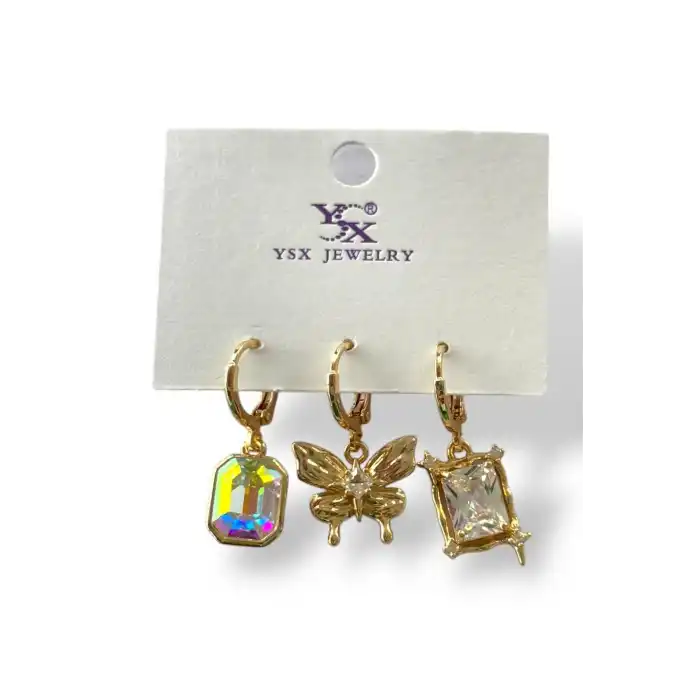 Altın Renk Kelebek Figürlü Taş Detaylı VİP 3lü YSX Küpe Set