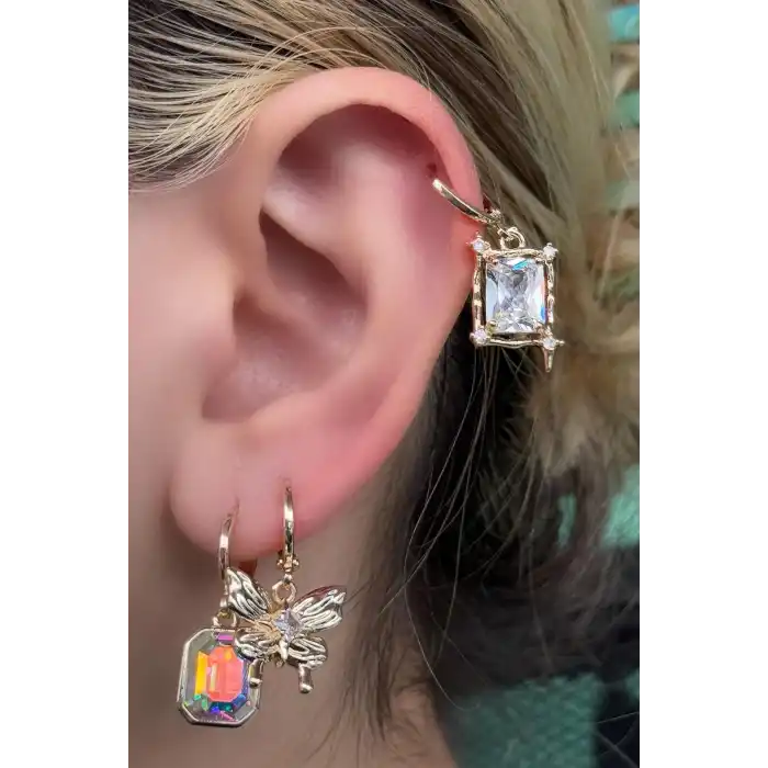 Altın Renk Kelebek Figürlü Taş Detaylı VİP 3lü YSX Küpe Set