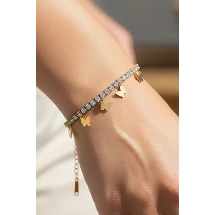 Altın Renk Kelebek Figürlü Taşlı Su Yolu Bileklik