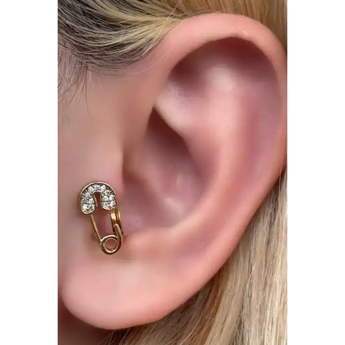 Altın Renk Kilit Figürlü Taş Detaylı Cerrahi Çelik Halka Tragus/Kıkırdak Küpe/Piercing (Tek)