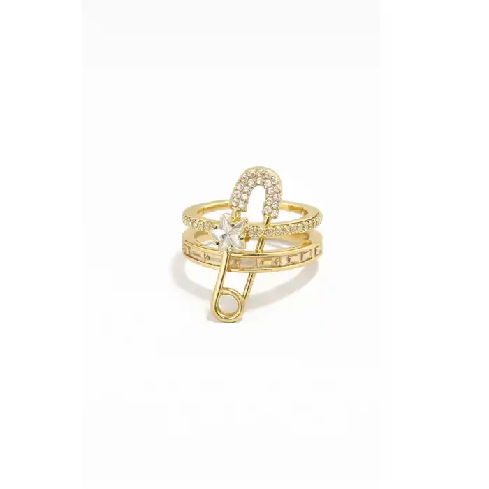 Altın Renk Kilitli İğne Figürlü Ayarlanabilir Yüzük