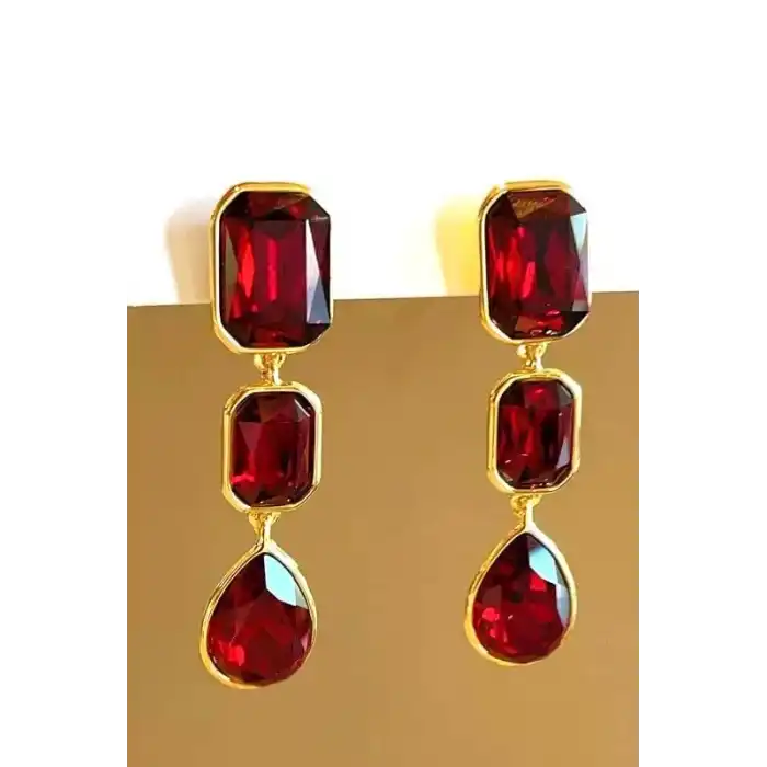 Altın Renk Kırmızı Taş Detaylı Çelik Küpe (Çift)