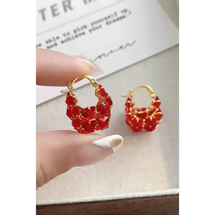 Altın Renk Kırmızı Taş Detaylı Küpe (Çift)