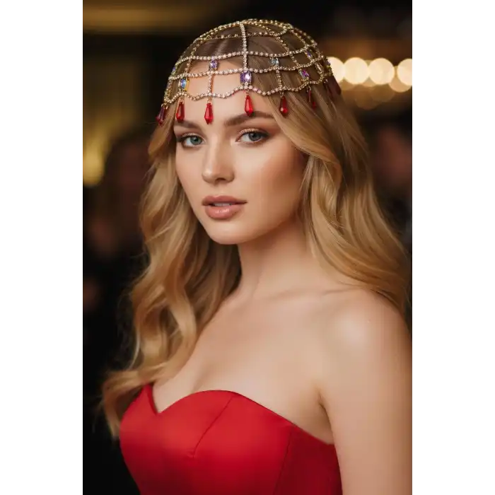 Altın Renk Kırmızı Taş Detaylı Saç Aksesuarı/ Kına Aksesuarı