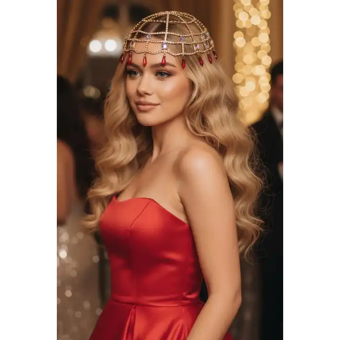 Altın Renk Kırmızı Taş Detaylı Saç Aksesuarı/ Kına Aksesuarı