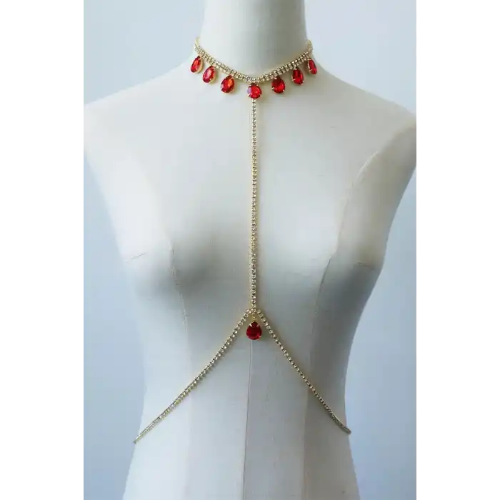 Altın Renk Kırmızı Taşlı Vücut Aksesuarı