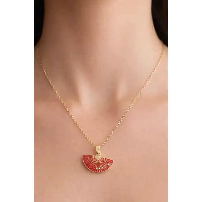 Altın Renk Kırmızı Yelpaze Figürlü Çelik Kolye