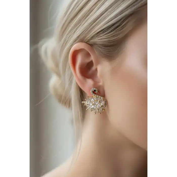 Altın Renk Kuğu Figürlü 14K Altın Kaplama Taş Detaylı Küpe (Çift)