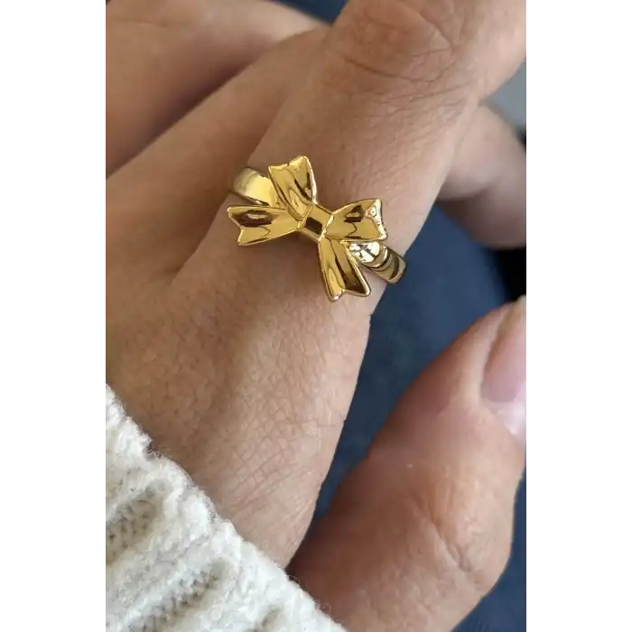 Altın Renk Kurdele Figürlü Ayarlanabilir Çelik Yüzük