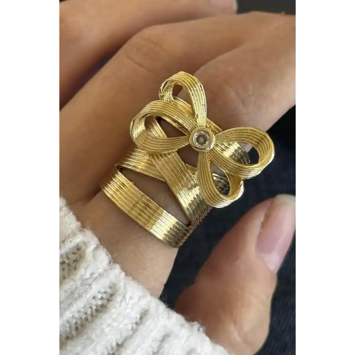 Altın Renk Kurdele Figürlü Çelik Yüzük