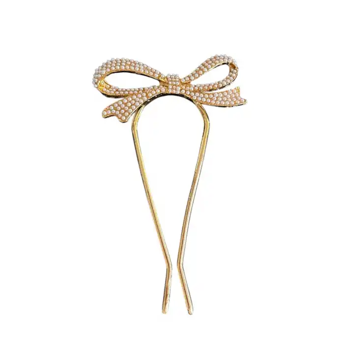 Altın Renk Kurdele Figürlü İnci Detaylı Topuz Tokası