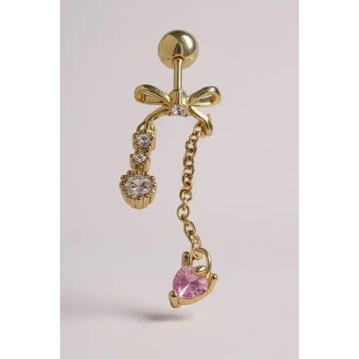 Altın Renk Kurdele Figürlü Taş Detaylı Cerrahi Çelik Tragus/Kıkırdak Küpe/Piercing (Tek)