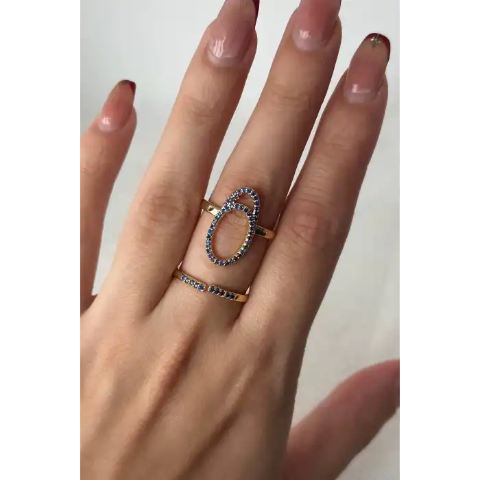 Altın Renk Lacivert Taş Detaylı Ayarlanabilir Çelik Yüzük