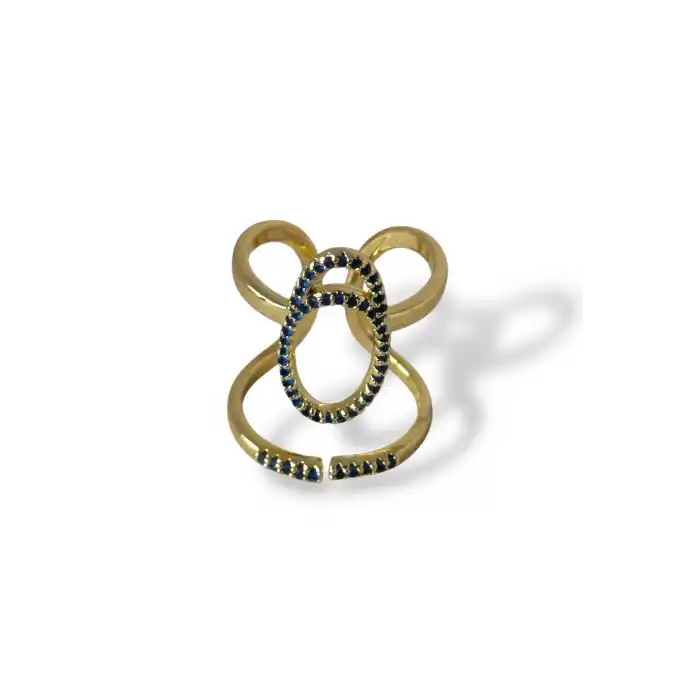 Altın Renk Lacivert Taş Detaylı Ayarlanabilir Çelik Yüzük