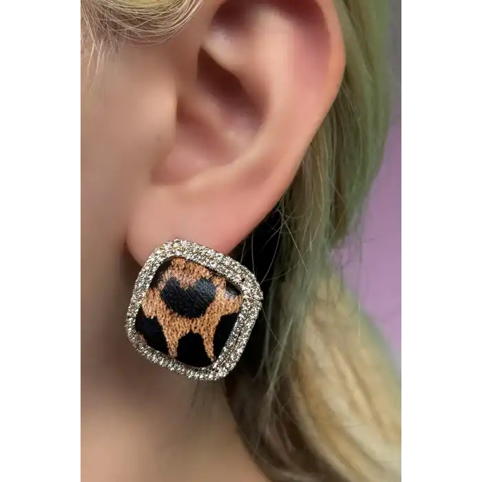 Altın Renk Leopar Desenli Taşlı Küpe (Çift)