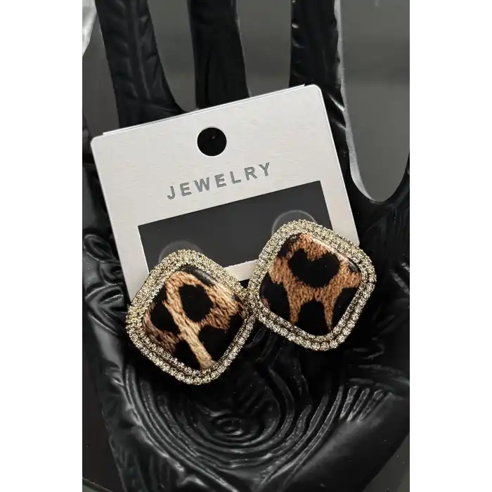 Altın Renk Leopar Desenli Taşlı Küpe (Çift)